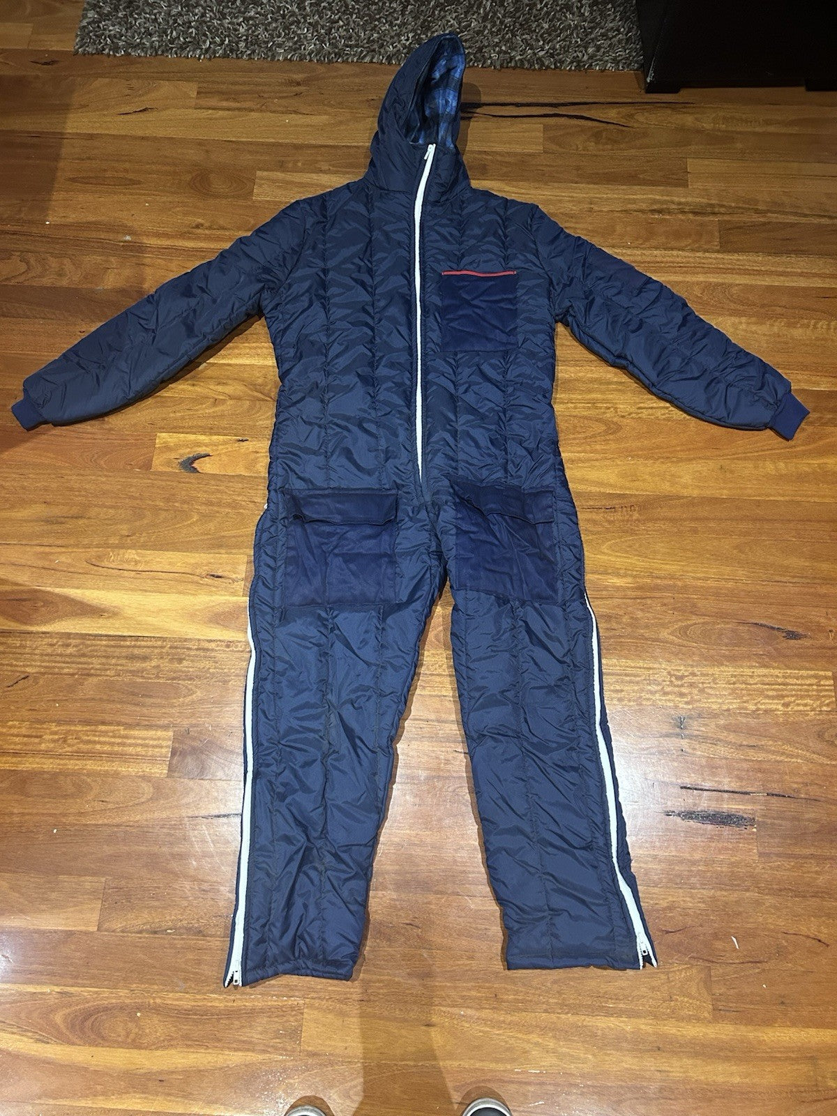 Vintage Aussie Ski Products Snow Suit Navy Blue Size L Hooded Retro 80s