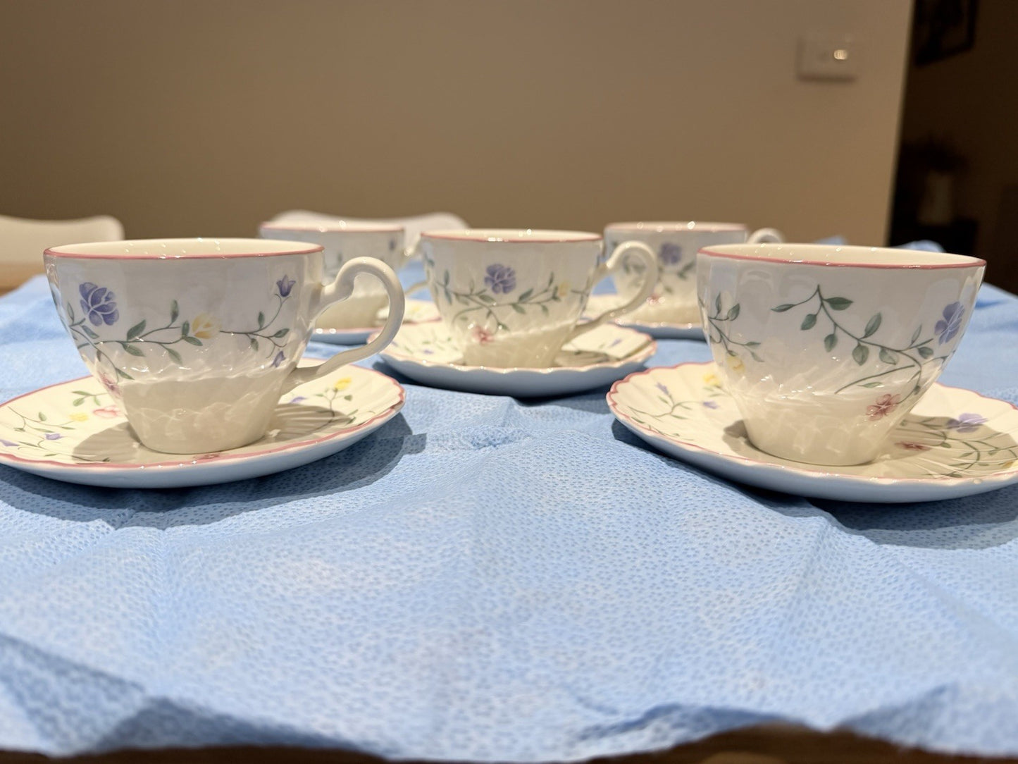 Johnson Brothers Tea Cups Saucers Set 5 Floral Pink Trim England Vintage