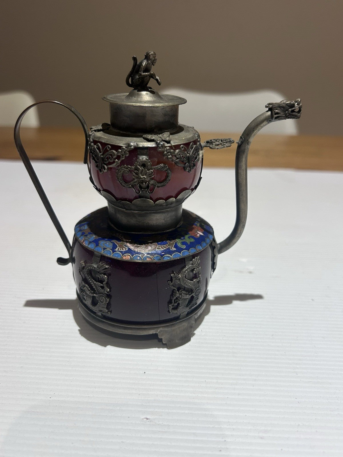 Early 20th Century Chinese Cloisonné & Enamel Teapot – Monkey Finial & Dragons