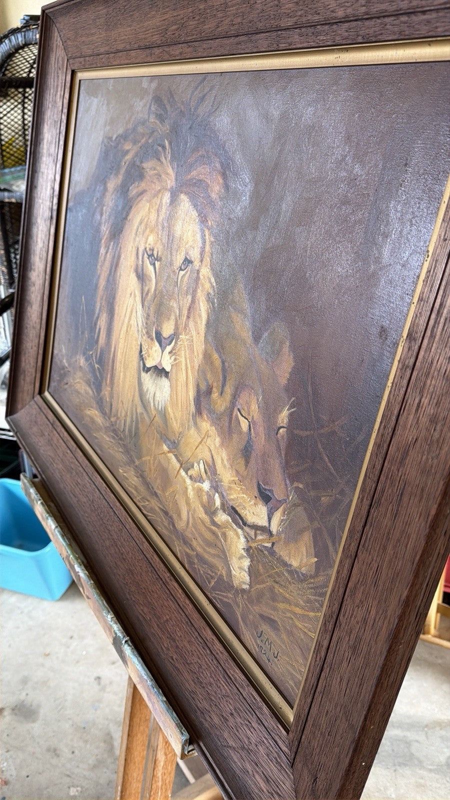 Large Original 1924 Oil Painting Lions – Signed J.M.J. – Period Frame