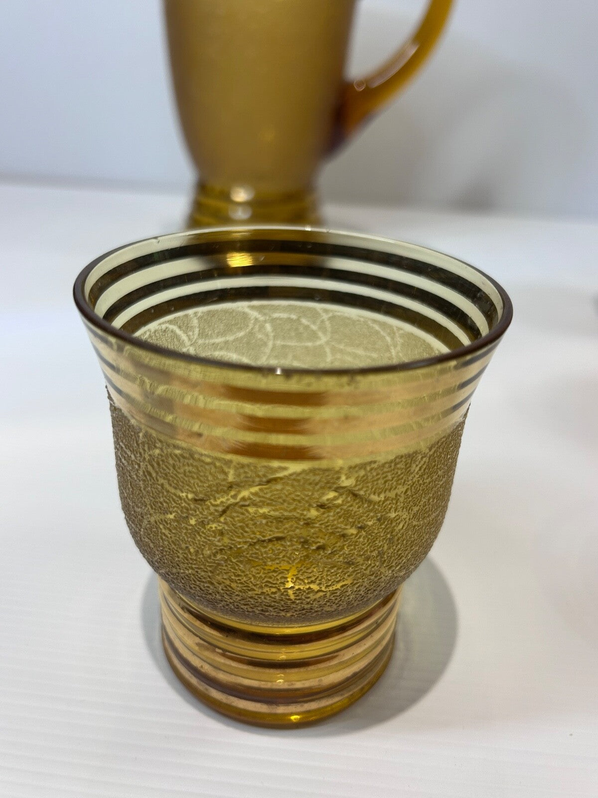 Vintage Amber Glass Lemonade Set – Textured Gold Bands – Jug & 5 Tumblers Retro