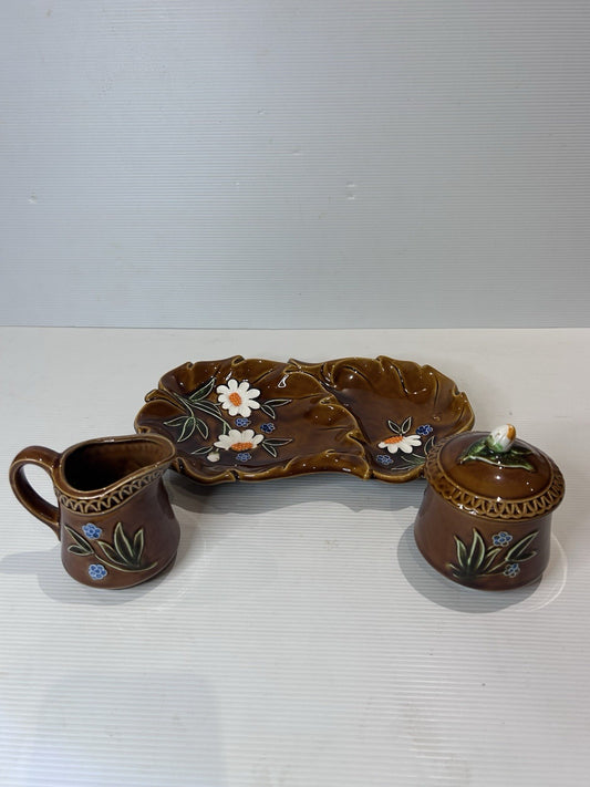 Vintage Japanese Pottery Condiment Set – Hand-Painted Brown Glaze Floral