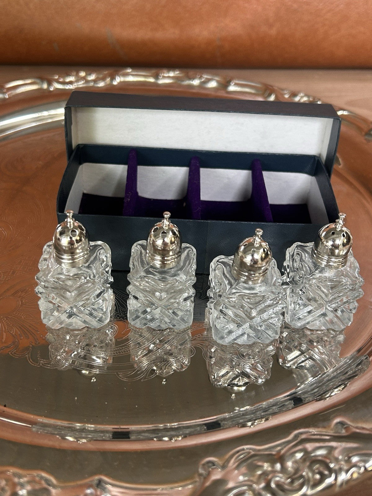 Vintage Mini Glass Salt & Pepper Shakers Set of 4 Japan Boxed Retro Crystal Look
