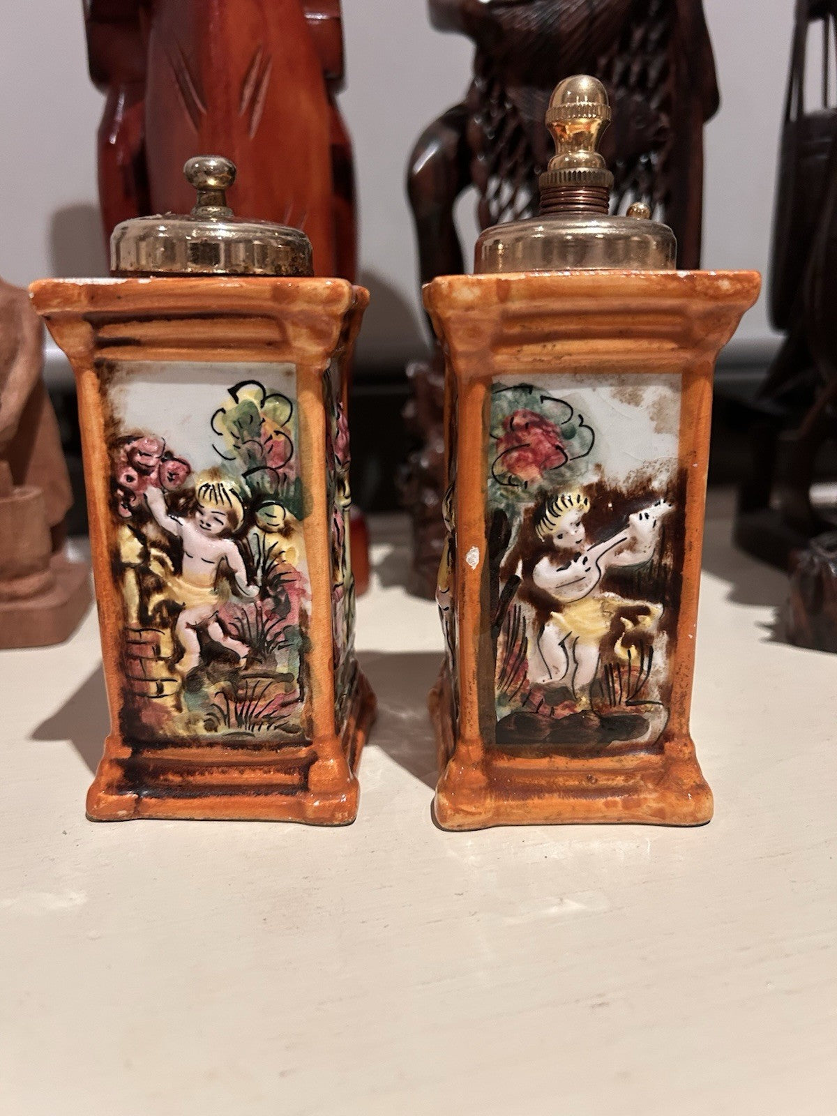 Vintage Capodimonte Italy Ceramic Salt Pepper Mills Hand Painted Pair