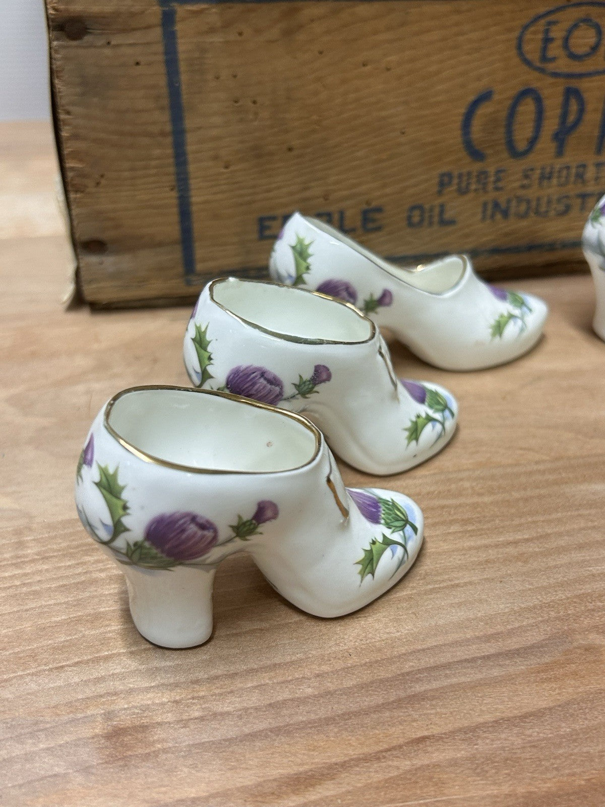 Set of 4 English Bone China Shoe Vases – Thistle Design, Vintage Collectible