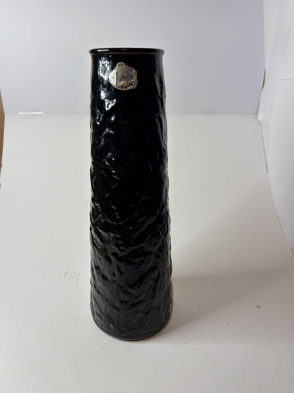 Vintage Guildcraft Italy Black Blown Glass Vase 12" ~ Has Cracks But Intact
