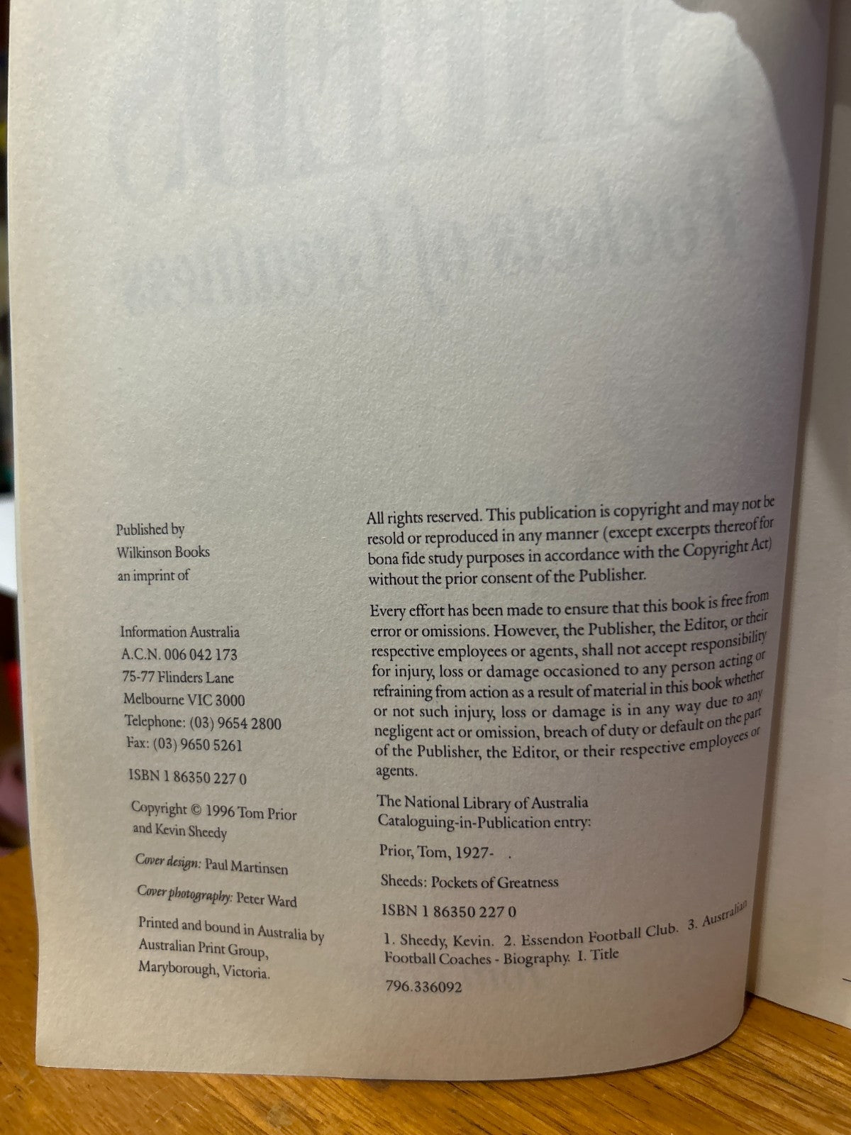 SIGNED Kevin Sheedy – Sheeds: Pockets of Greatness (1996) Tom Prior – AFL legend