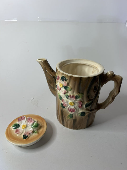 Rare 1950s Nasco Tree Trunk Tea Pot w flowers Good Condition Collectable