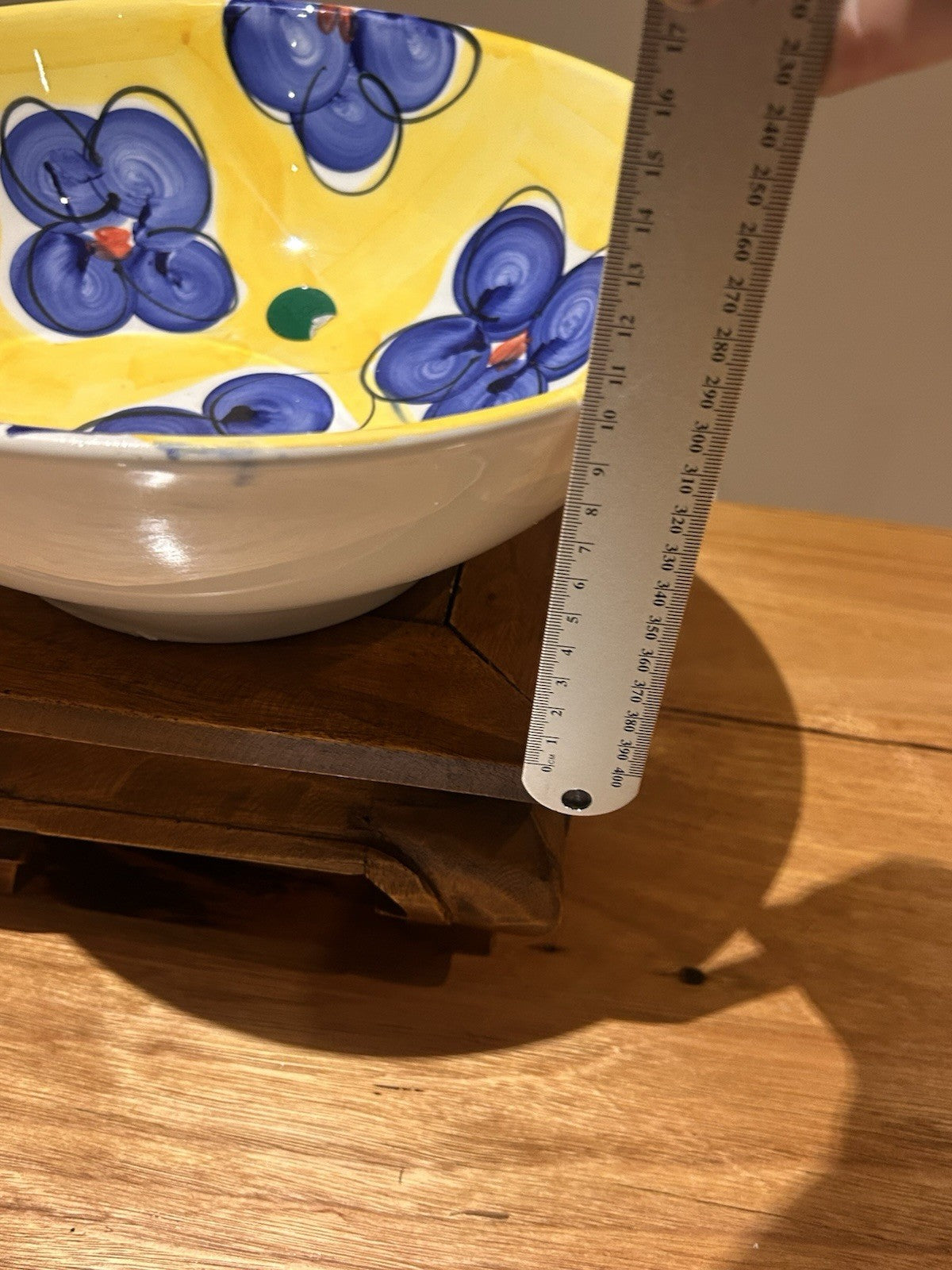 Italian Hand Painted Ceramic Bowl 29cm Deruta Style Yellow Blue Vintage