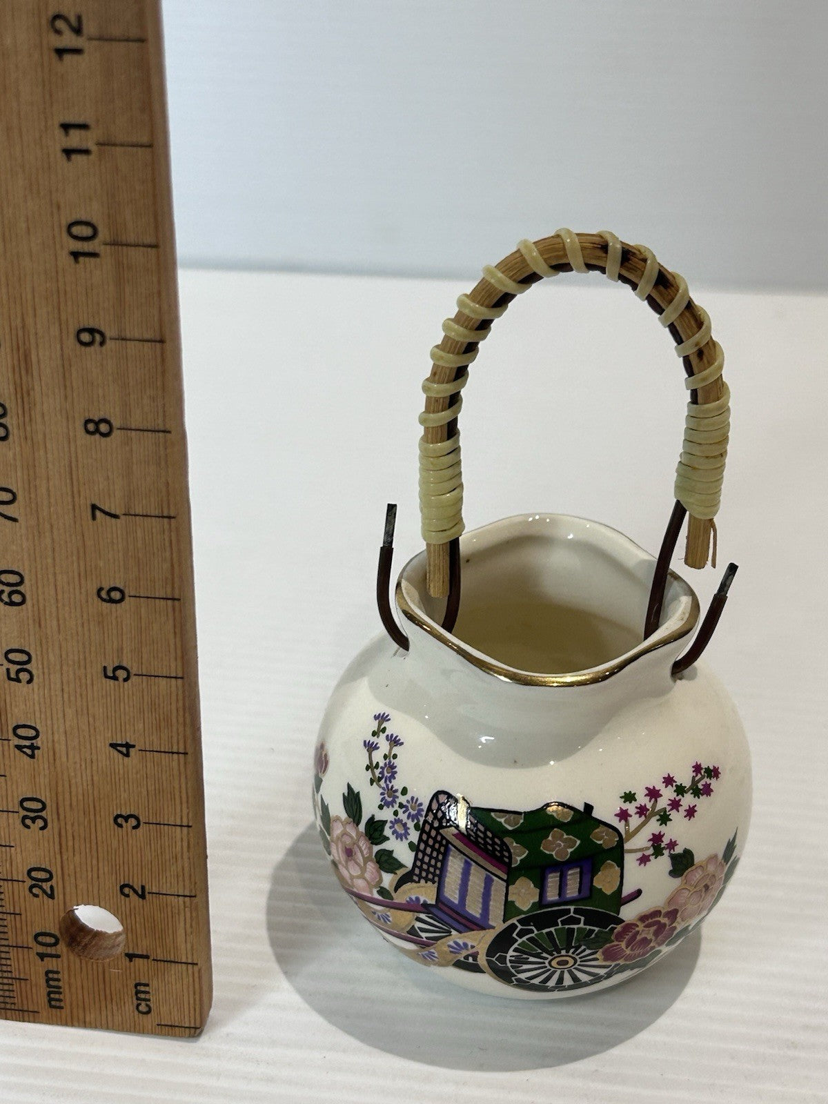 Mini Japanese Ceramic Basket Vase w/ Handle Floral Cart Motif Made in Japan