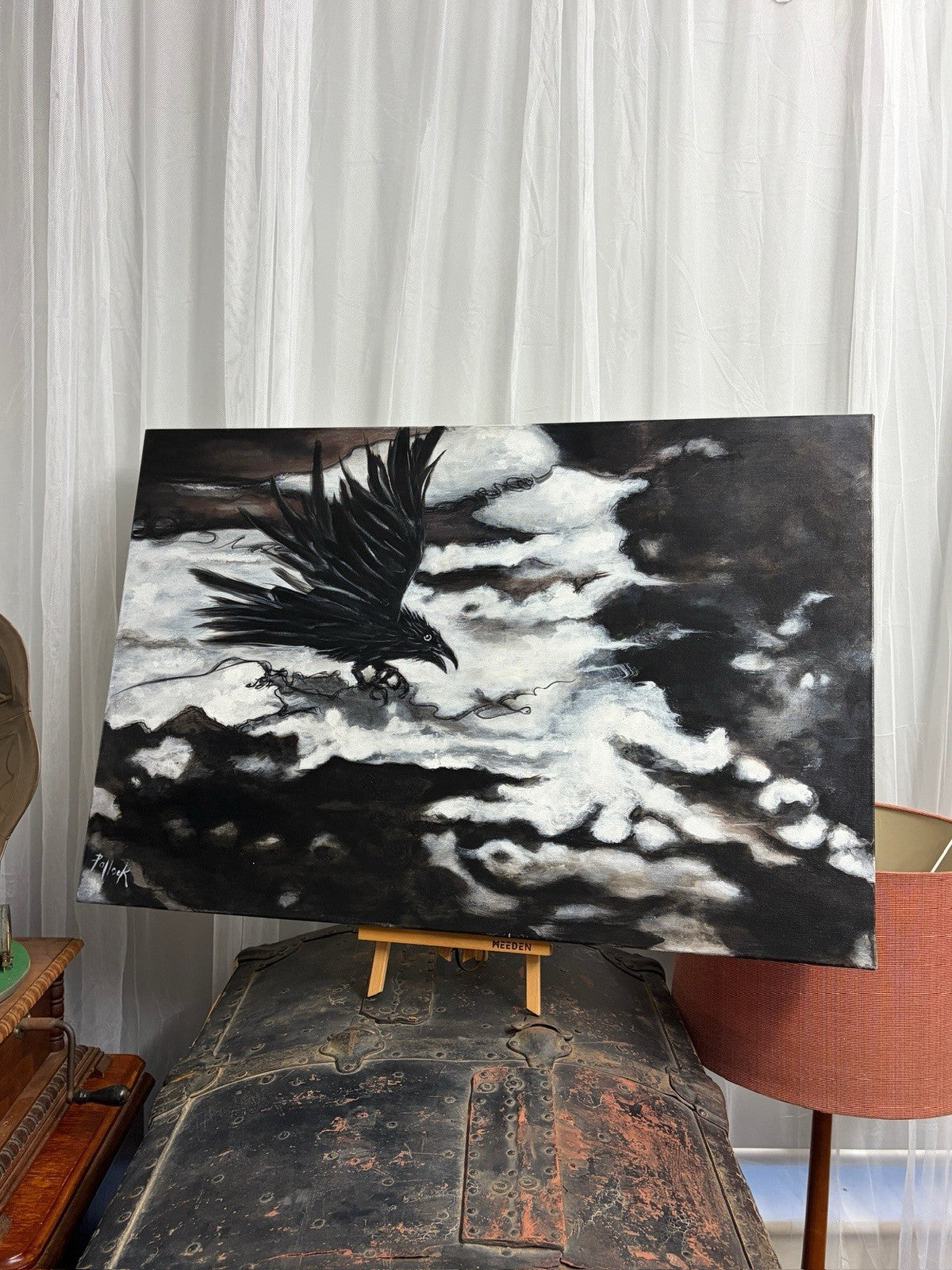 Large Original Deb Pollock Raven Crow Painting Signed Acrylic Canvas