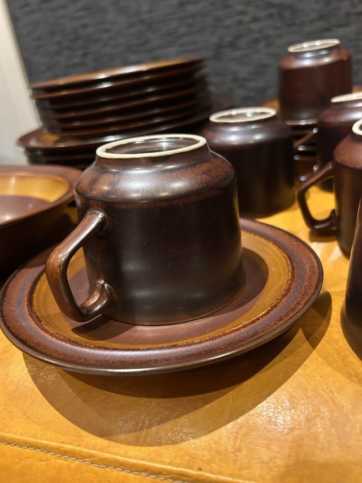 Ganatu Stoneware Japan Dinner Set 6 Place Brown 1970s Retro MCM