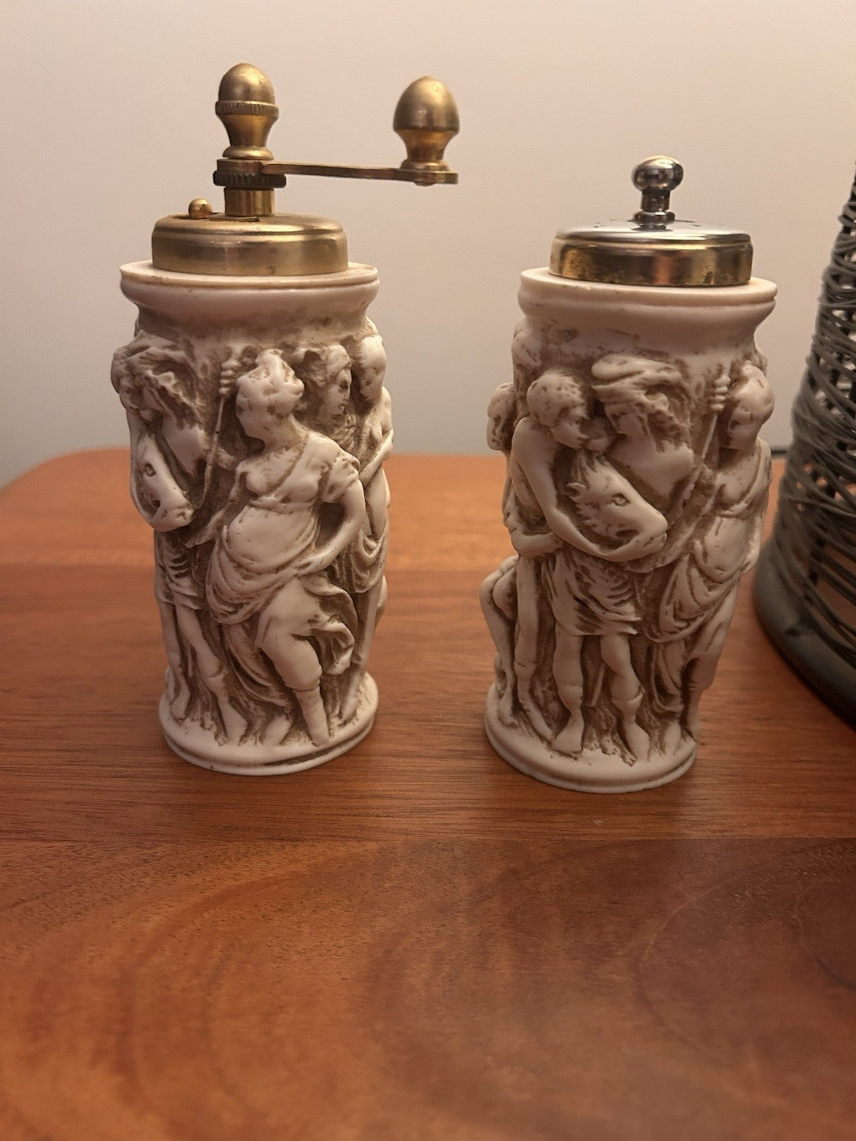 Vintage Cherub Relief Salt Pepper & Pepper Grinder Set Brass Top