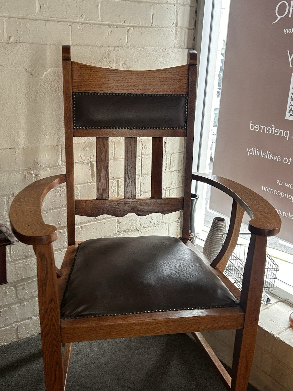 Antique Arts & Crafts Oak Carver Chair Leather Dining Chair c1905