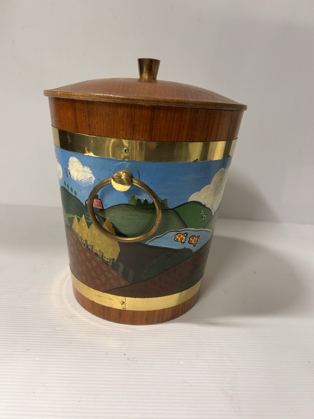 Mid-Century Ice Bucket Hand Painted Farm Scene Brass Trim