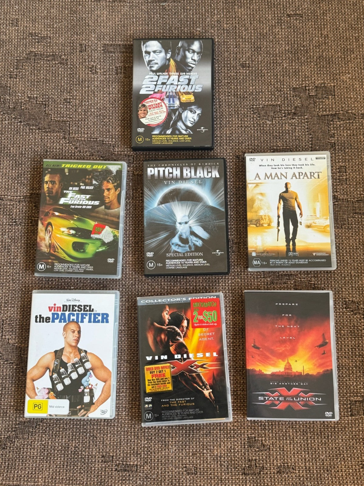 Vin Diesel DVD Bundle | Fast Furious, xXx, Pitch Black, Pacifier | 7 Movie Set