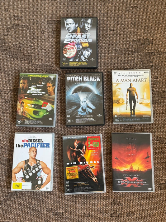 Vin Diesel DVD Bundle | Fast Furious, xXx, Pitch Black, Pacifier | 7 Movie Set