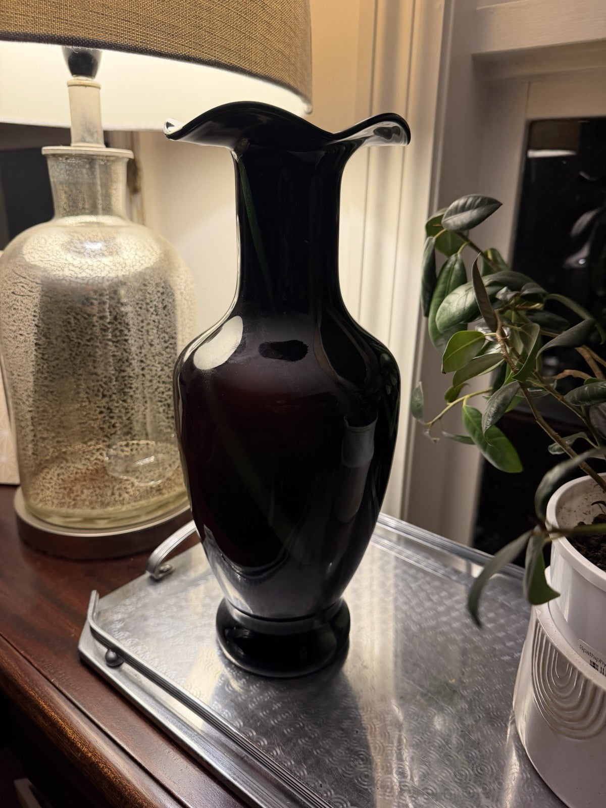 Large Black Green Aventurine Art Glass Vase Ruffled Rim 35cm Murano Style