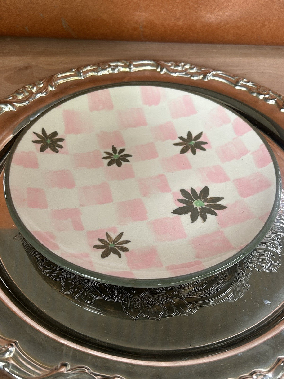 Bendigo Pottery Hand Painted Plates x2 Signed 75 – Pink Check Floral - 22cm
