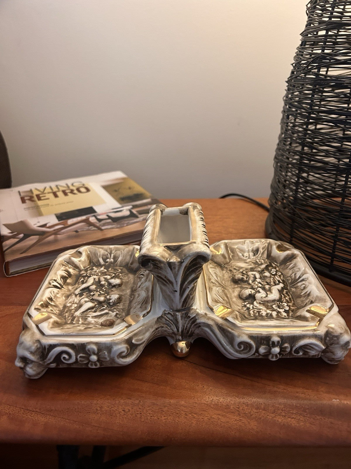 R Capodimonte Large Porcelain Smoking Desk Set Cherubs Italy c1950s