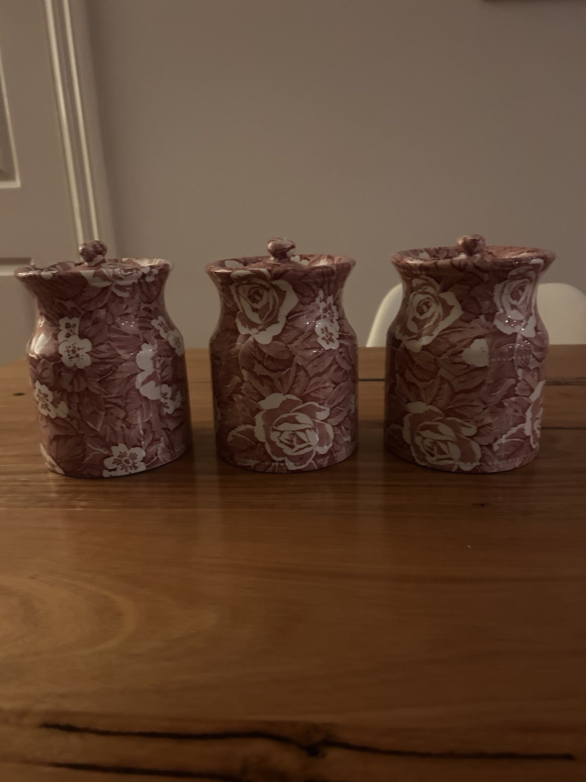 Vintage Burleigh Victoria China Tea Coffee Sugar Canisters Red Floral Set