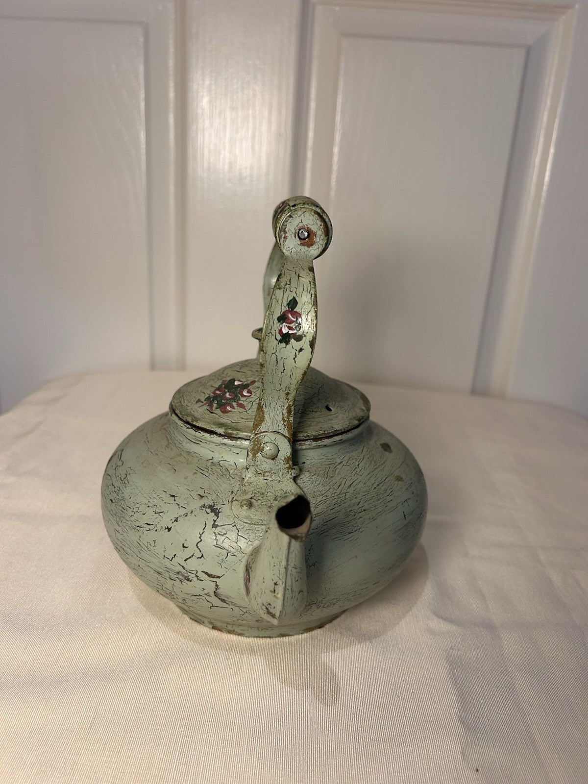 Vintage Hand-Painted Toleware Teapot & Coal Scuttle Set – Green Floral Metal