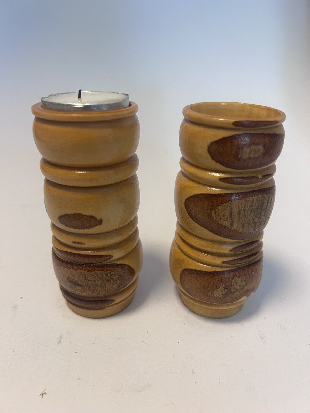 Vintage Hand-Turned Wooden Tealight Candle Holders – Pair Rustic Timber