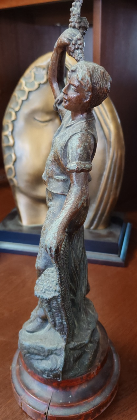 Vintage Figural Spelter Statue – Young Grape Harvester on Marble Base