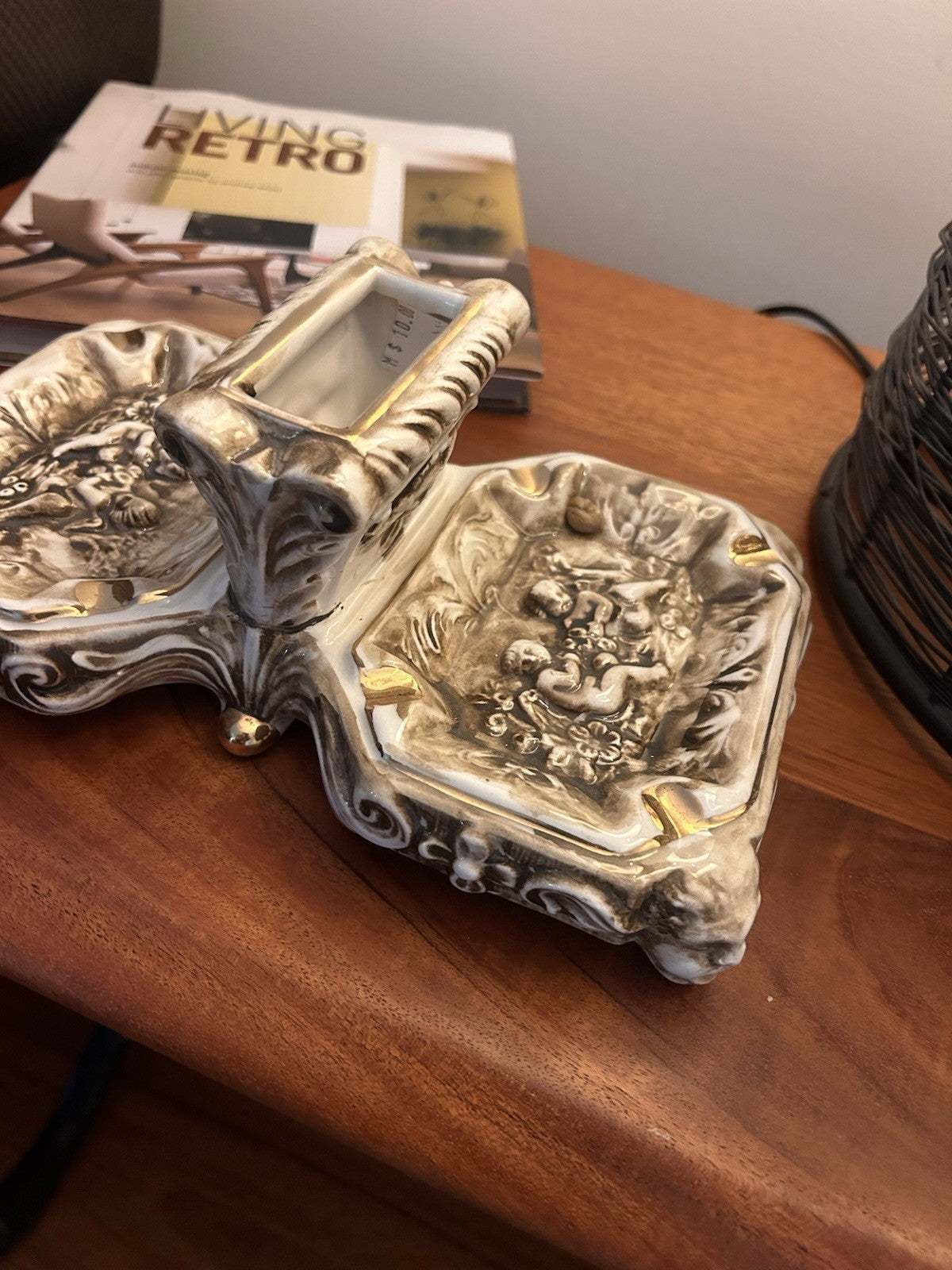 R Capodimonte Large Porcelain Smoking Desk Set Cherubs Italy c1950s