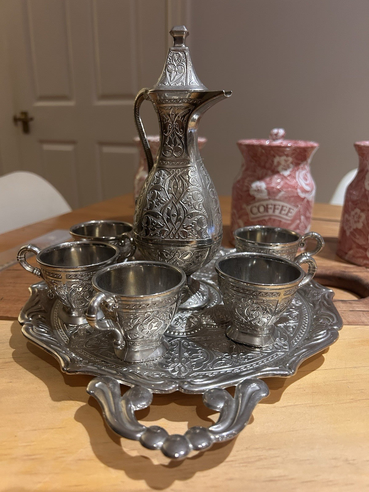 Vintage Turkish Dallah Coffee Set SENA Türkiye Tray Cups Ornate 8 Piece Set