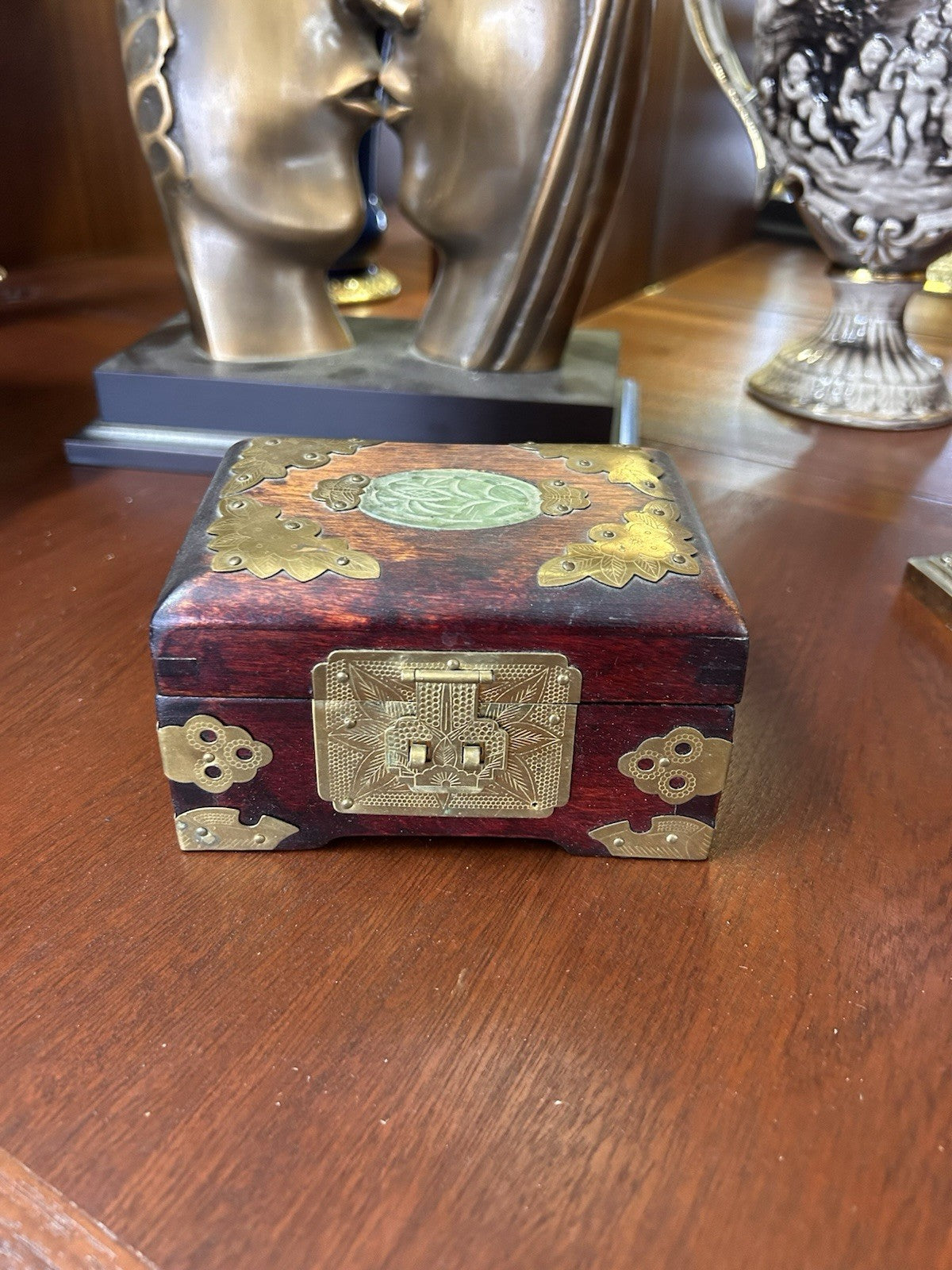 Vintage Wooden Jewellery Box Brass Mounts Red Silk Lined Asian Style