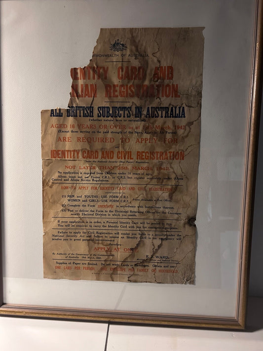 WWII Australia 1942 Identity Card Registration Poster Framed Original RARE