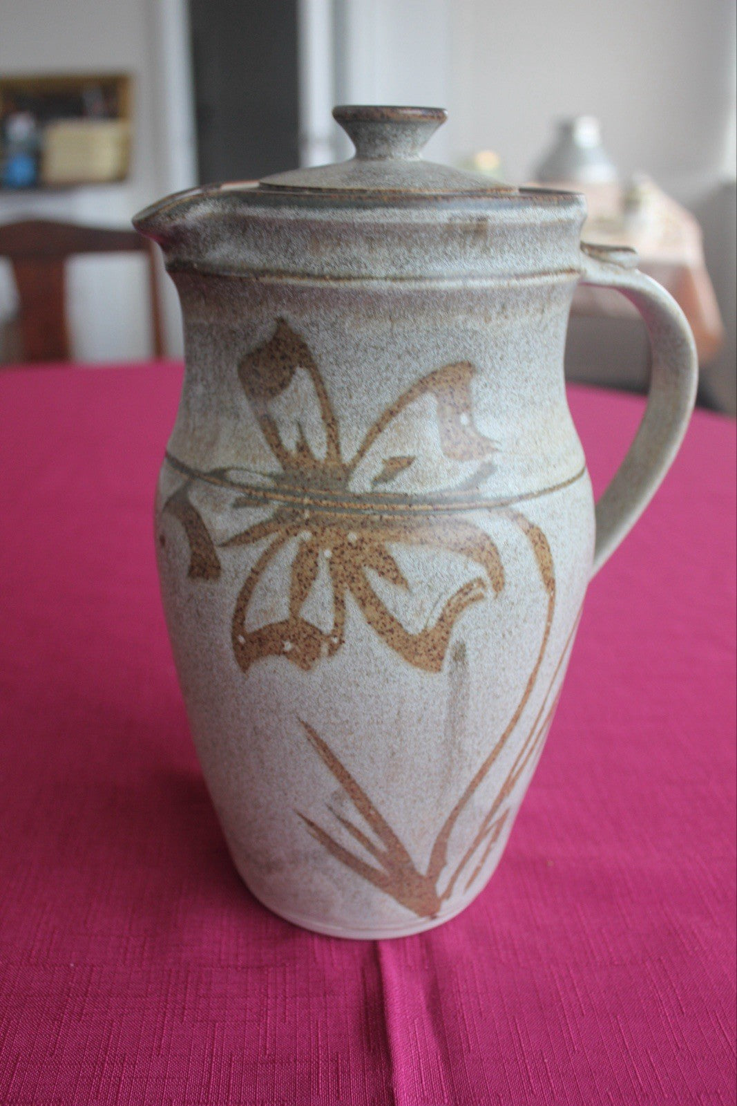 Vintage Studio Pottery Lidded Jug Hand Thrown Floral Stoneware ~23cm