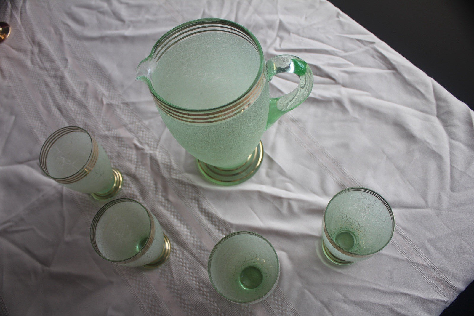 Vintage Green Crackle Glass Water Jug & 4 Tumblers Art Deco Style S