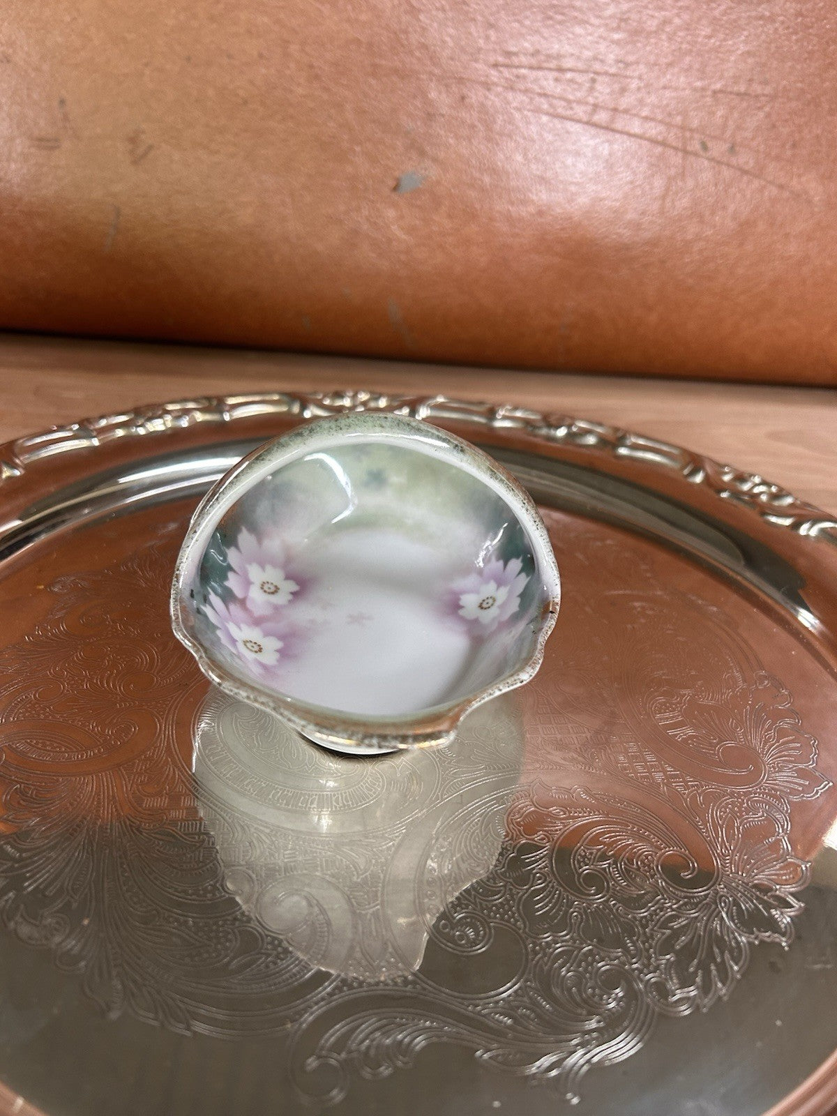 Antique Silesia Handled Dish Hand Painted Floral Gold Trim c.1900s Germany