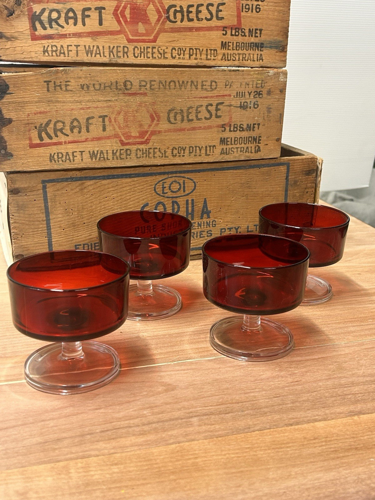 Set of 4 Vintage Luminarc France Ruby Red Dessert Glasses Compotes Retro