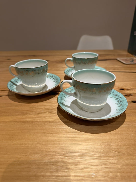 Vintage Dainty Miss English Teacup & Saucer Set x3 Aqua Gold Floral