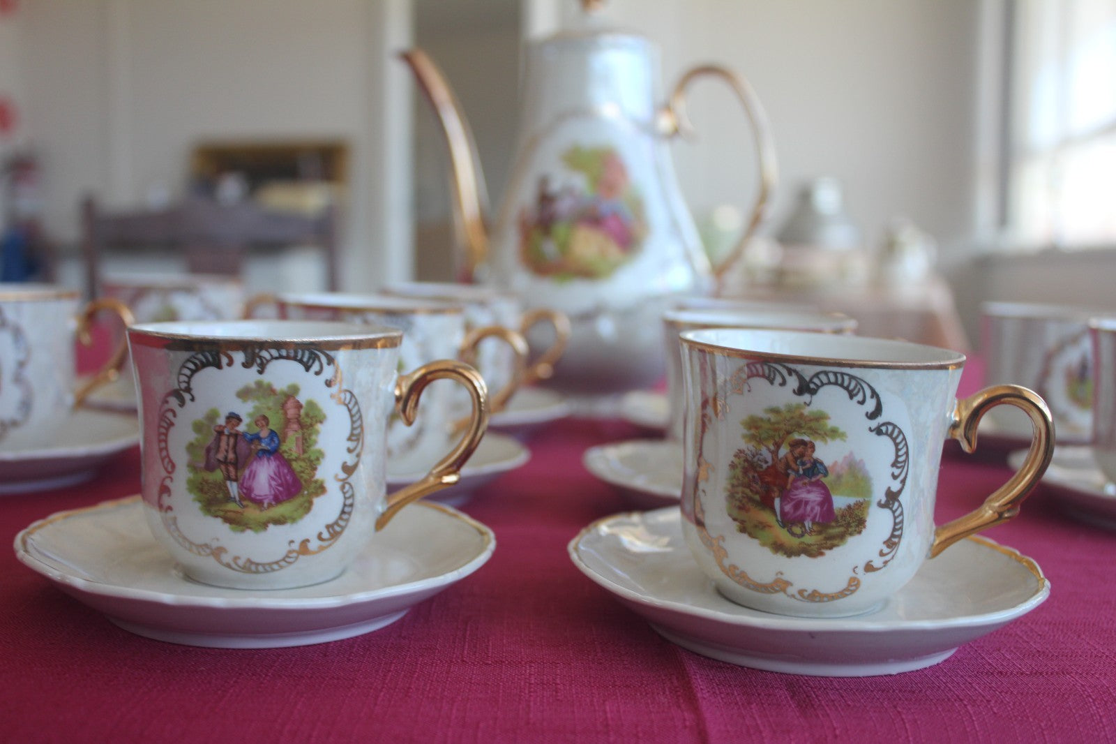 Vintage Nuria Spanish Lustreware Coffee Set – 21pc – Romantic Scenes – c.1950s