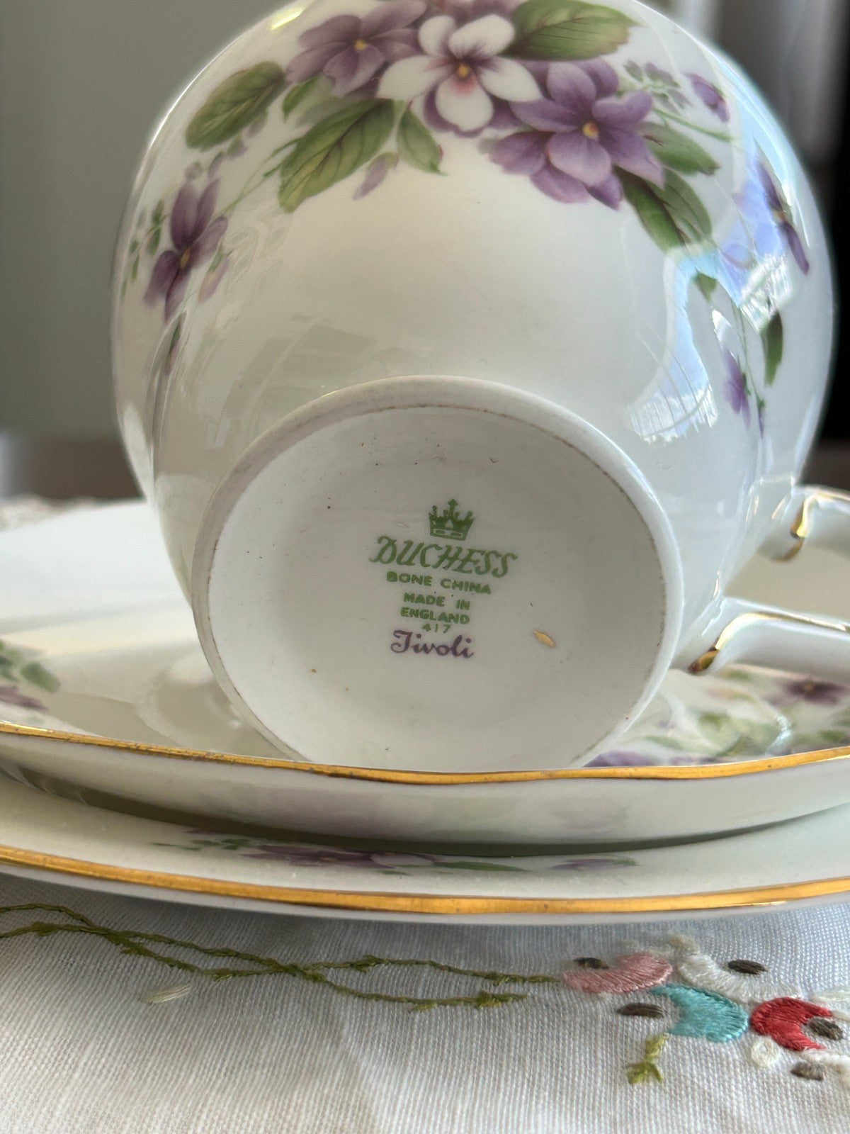 Duchess Tivoli Trio Teacup Saucer & Side Plate Violet Bone China trio, England