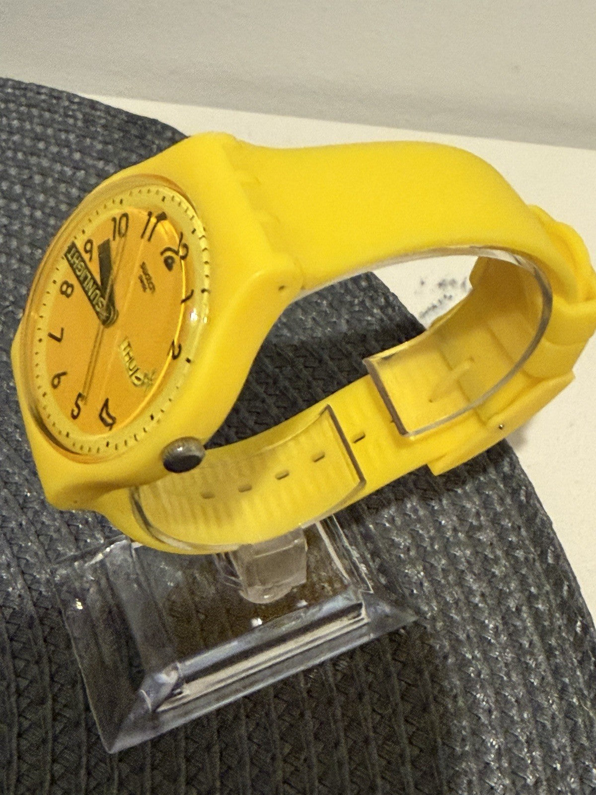 Swatch SUOJ702 Sunlight Yellow Rainbow Strap Swiss Watch Day Date Working