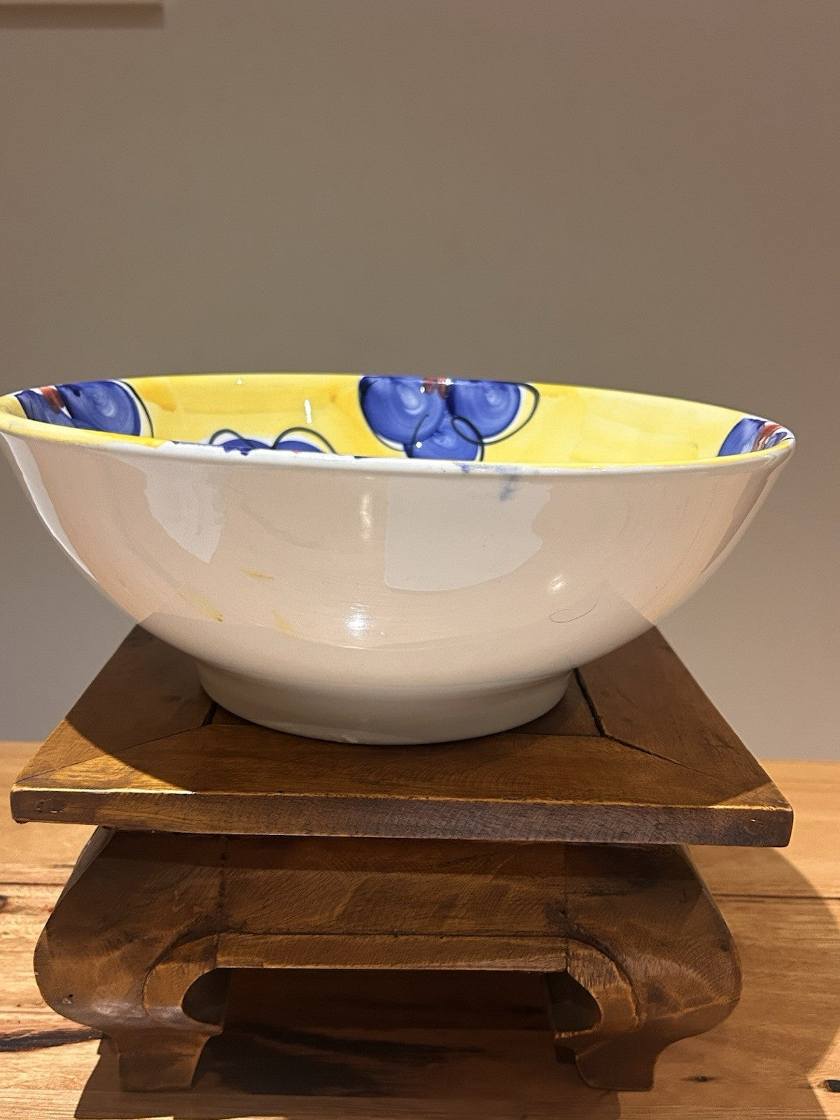 Italian Hand Painted Ceramic Bowl 29cm Deruta Style Yellow Blue Vintage