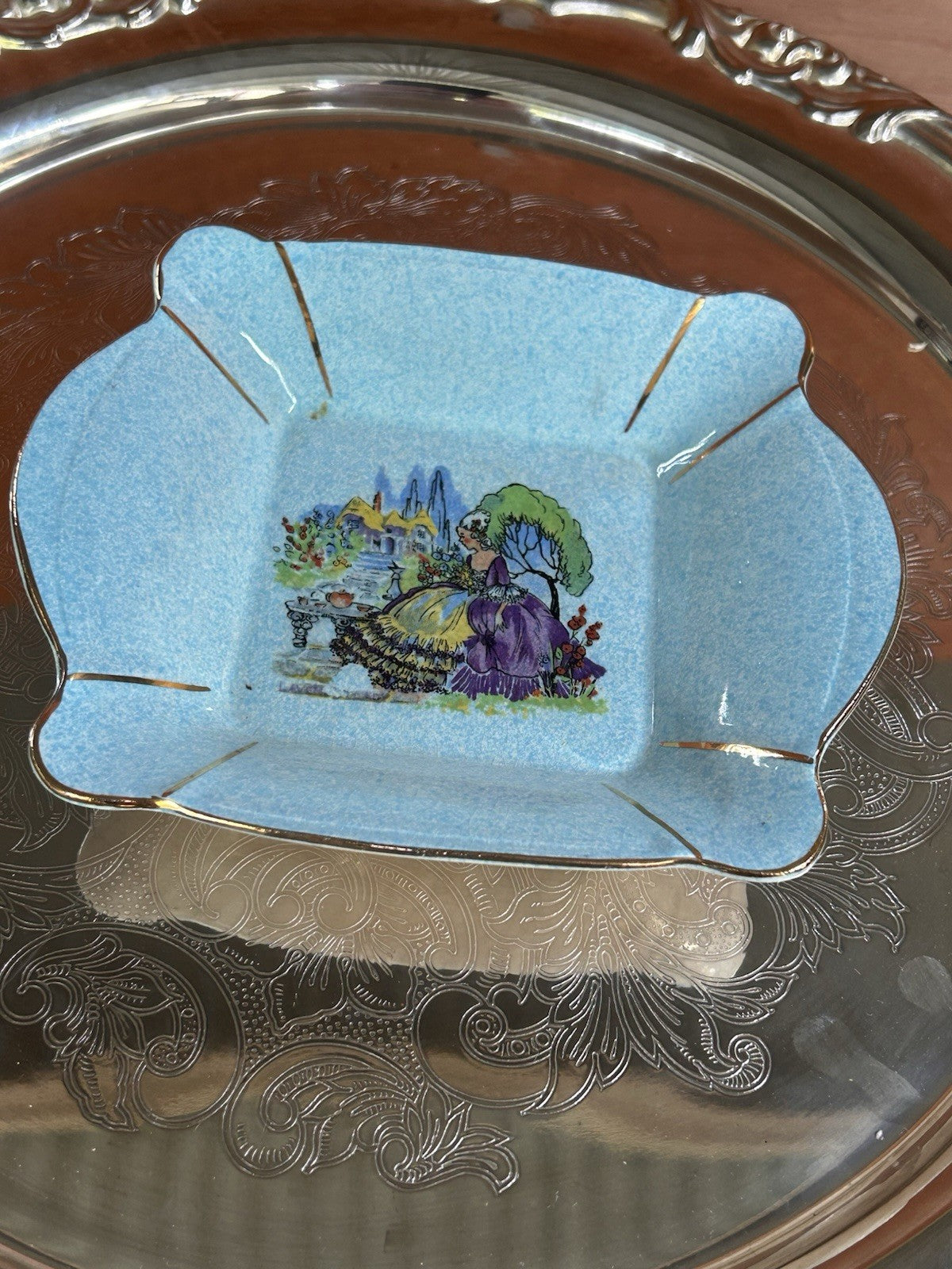 H. Aynsley & Co England Blue Crinoline Lady Dish Vintage Square Bowl 17cm
