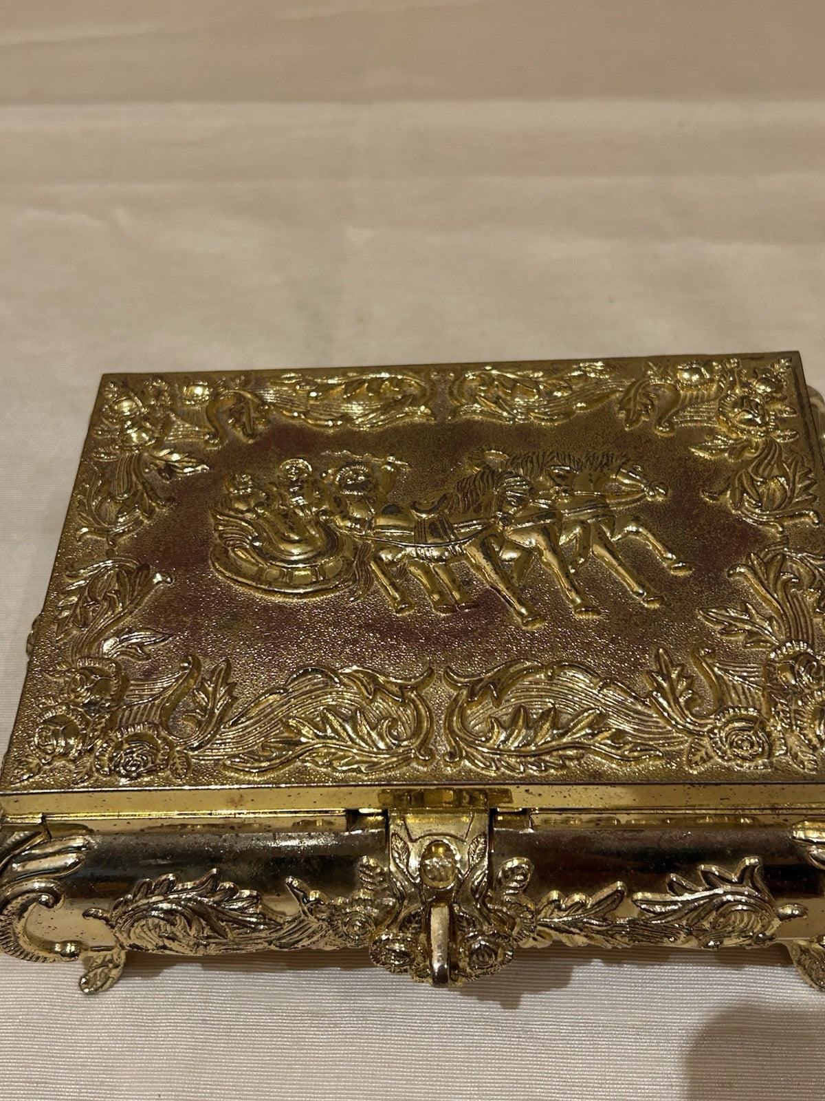 Ornate Gold Tone Metal Jewellery Casket Velvet Lined Footed Trinket Box