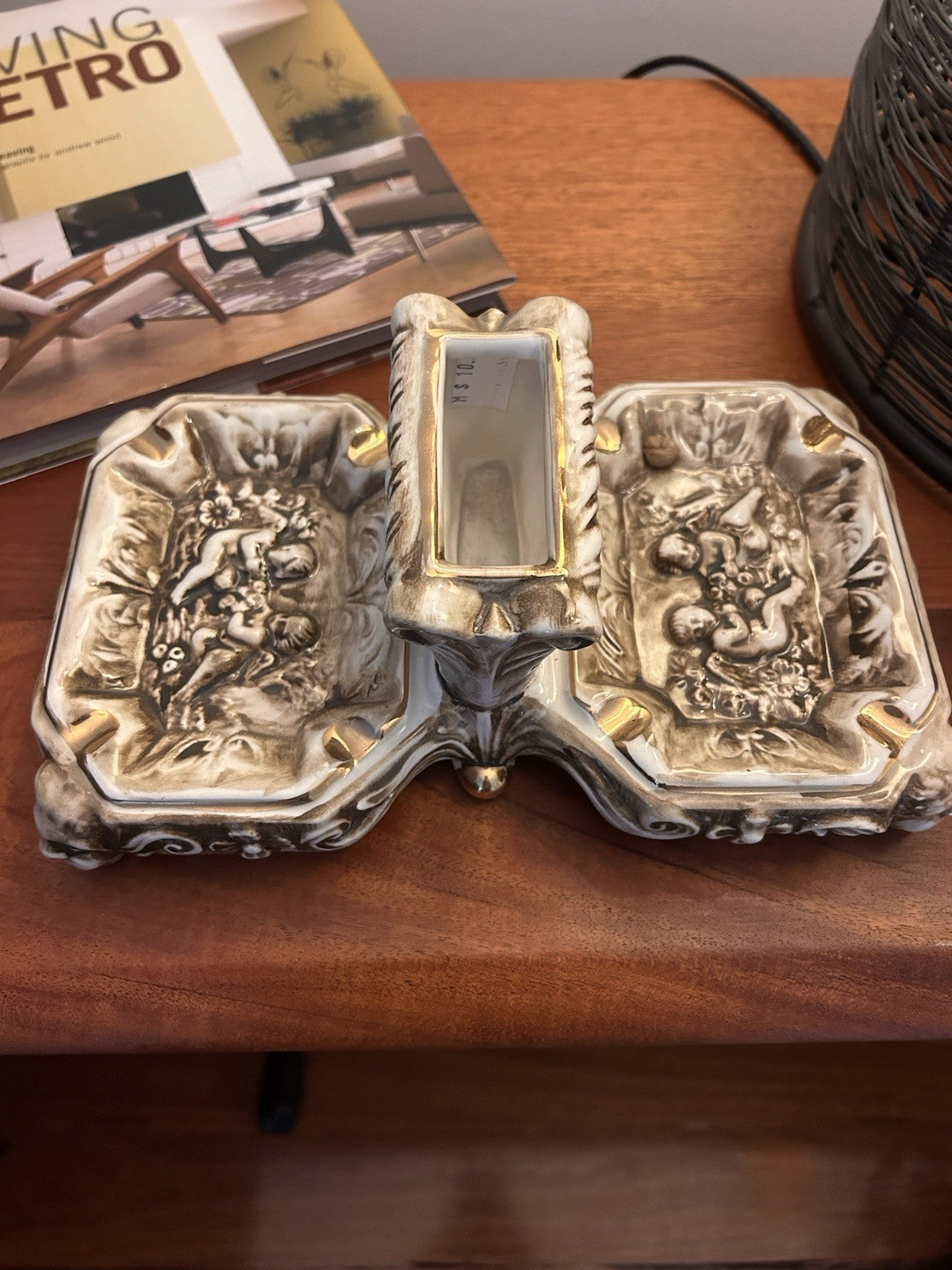 R Capodimonte Large Porcelain Smoking Desk Set Cherubs Italy c1950s