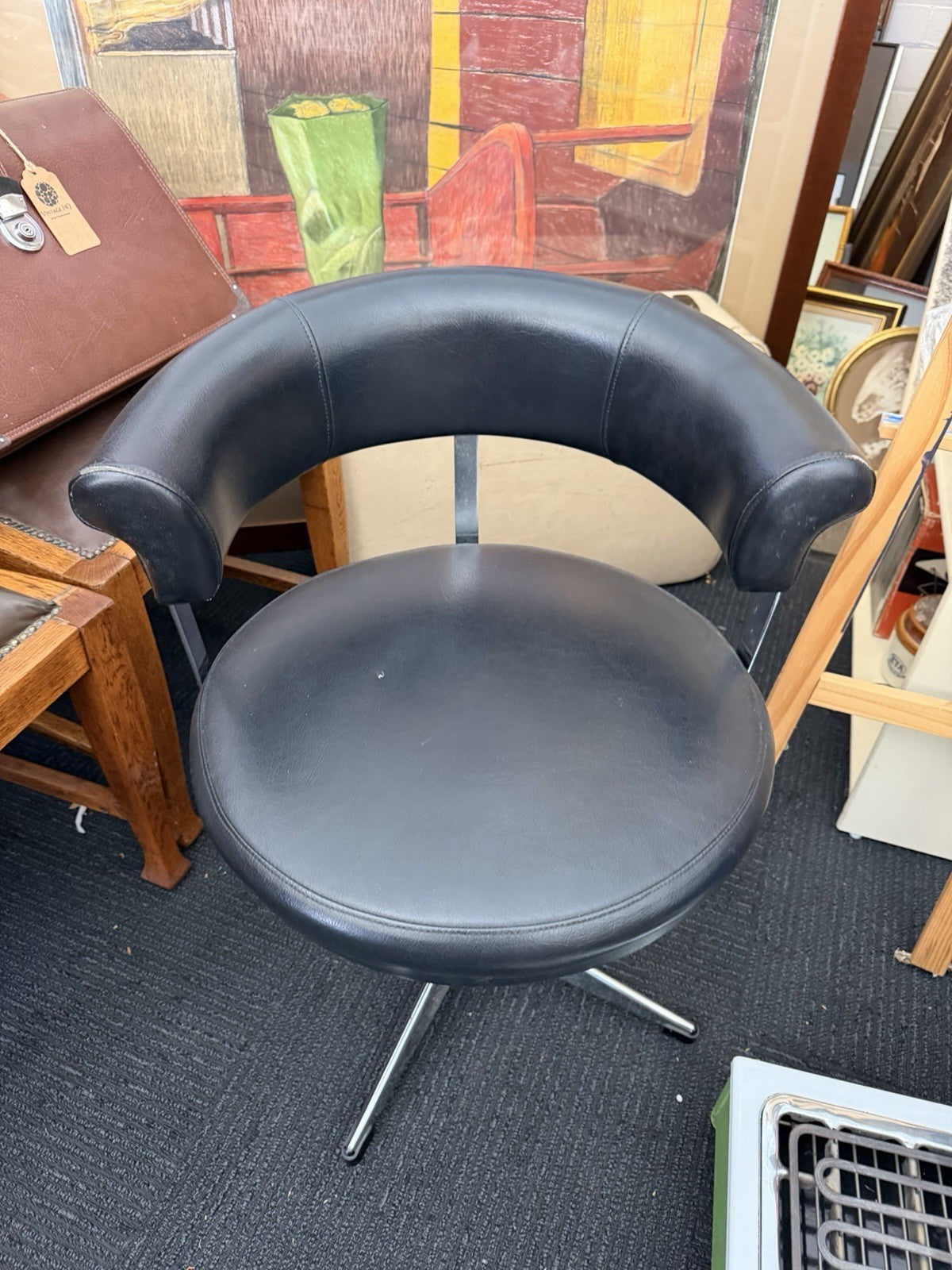 Vintage 1970s Black Swivel Tub Chair Chrome Star Base Retro Mid Century