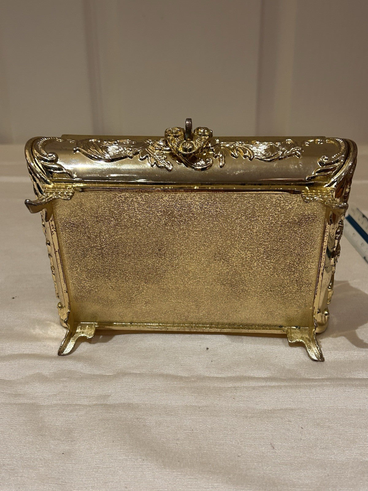 Ornate Gold Tone Metal Jewellery Casket Velvet Lined Footed Trinket Box