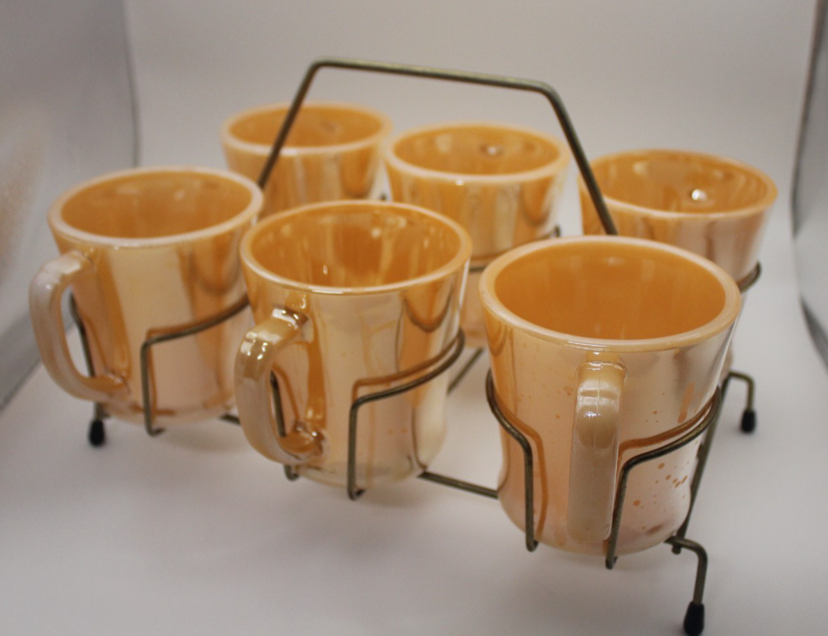 Fire-King Peach Lustre Coffee Mugs x12 w Wire Caddy Mid-Century USA