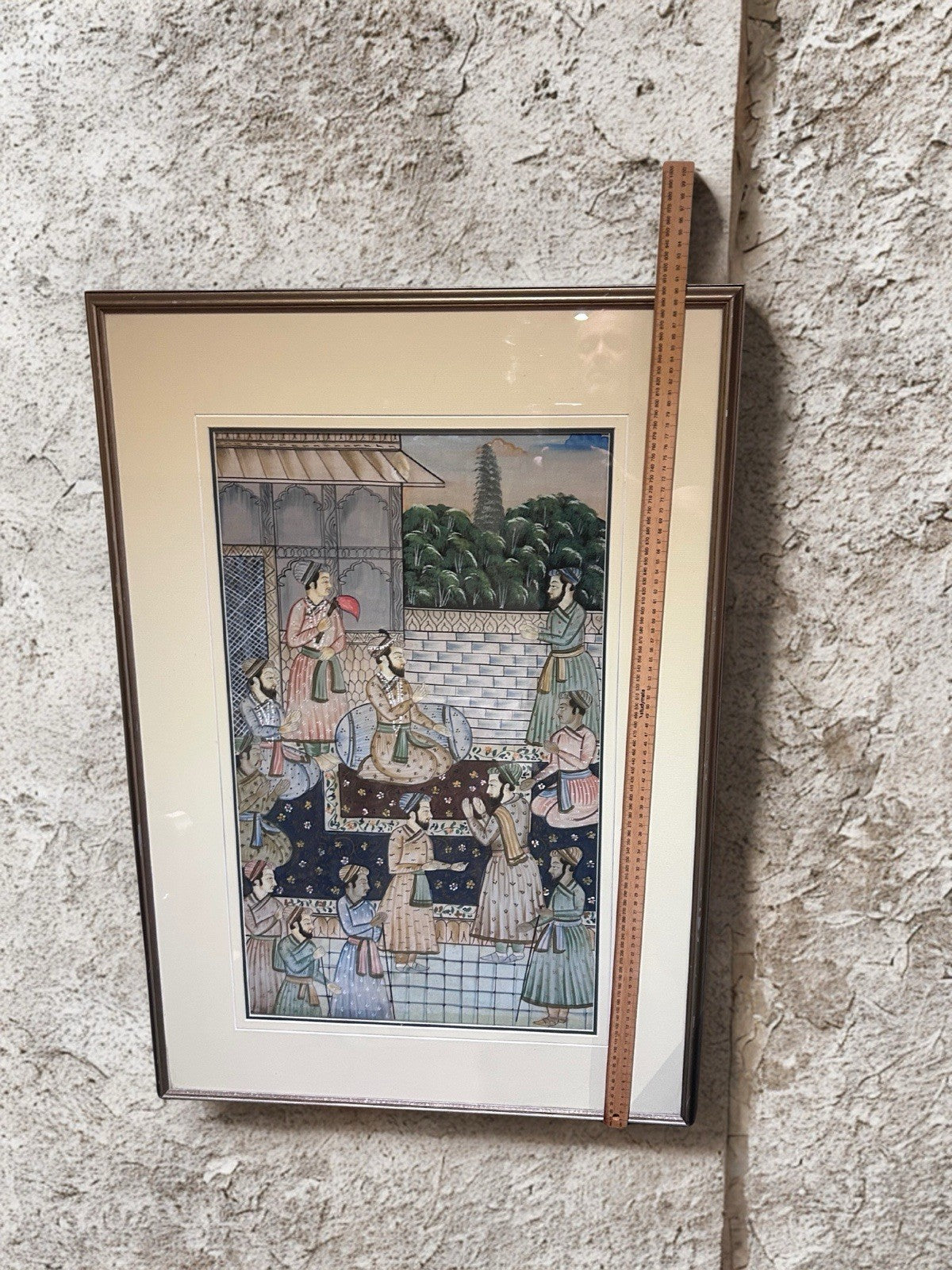 Hand-Painted Mughal Court Scene, Gold & Silver, Framed 91x64cm c.1970s