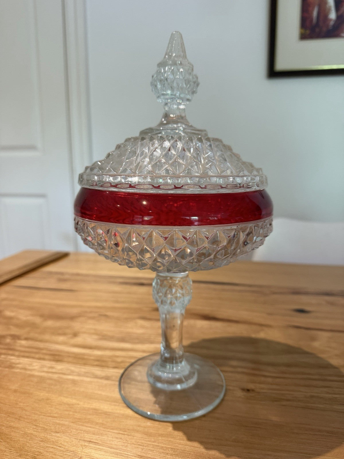Vintage Indiana Glass Ruby Red Diamond Point Lidded Pedestal Candy Dish USA