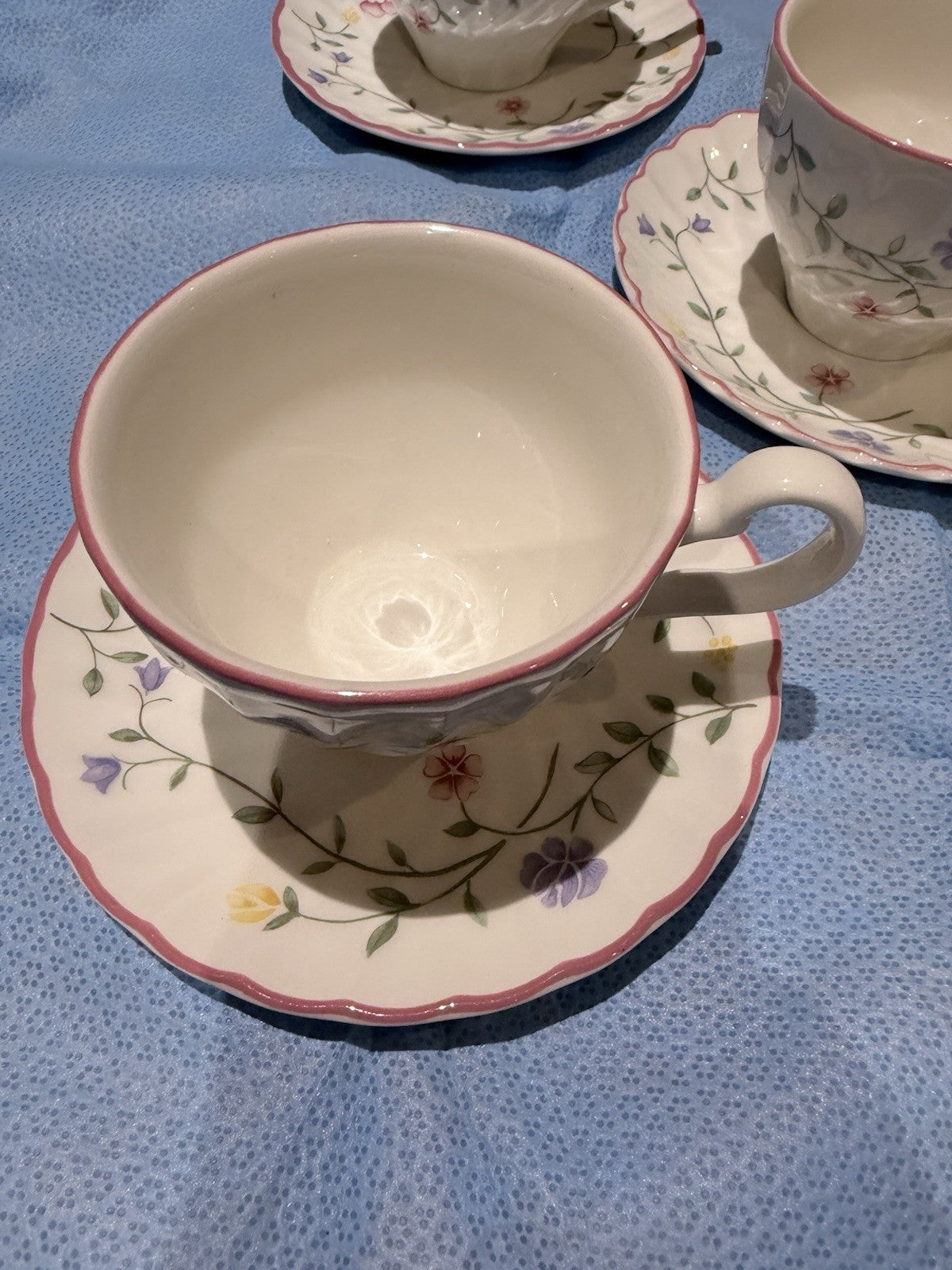 Johnson Brothers Tea Cups Saucers Set 5 Floral Pink Trim England Vintage